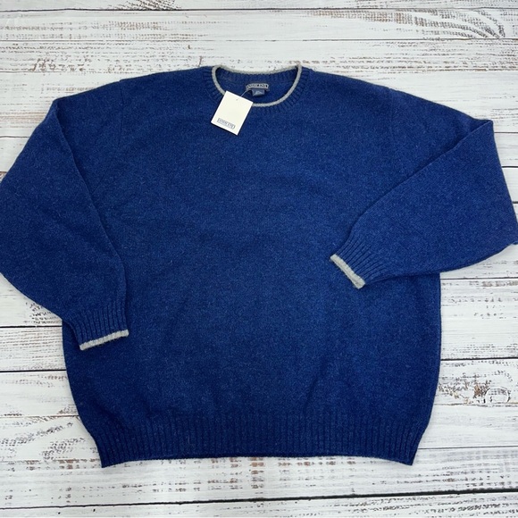 Lands' End Men’s Size XXL Navy Blue Gray Trim 100% Wool Crew Neck Sweater NEW - Picture 2 of 8